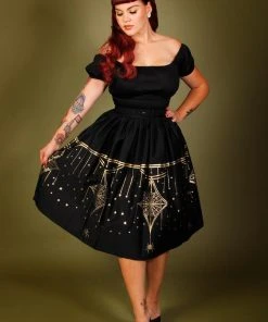 LBHM Shop All In-Stock Items By Size Final Sale - Bella Gathered Swing Skirt In Black & Gold Deco Spiderweb Border Print | Laura Byrnes & Hope Morrison