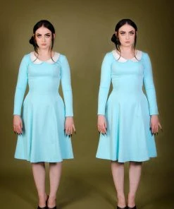 Final Sale - Madison Long Sleeve Dress In Blue Ponte With Ivory Contrast Collar | Pinup Couture