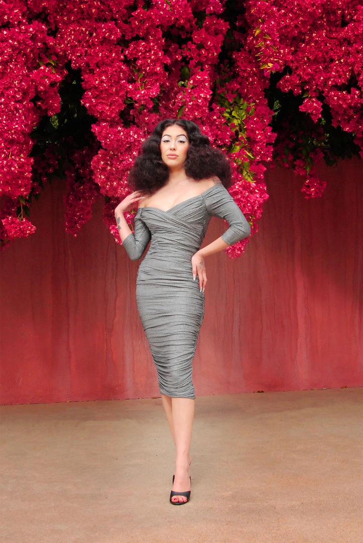 Laura Byrnes Design Shop All In-Stock Items By Size Laura Byrnes California Monica Wiggle Dress In Black And Silver Lurex Knit 7 Laura Byrnes Design Shop All In-Stock Items By Size Laura Byrnes California Monica Wiggle Dress In Black And Silver Lurex Knit