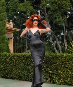 Laura Byrnes Design Venus Black Satin Stretch Charmeuse Slip Gown | Laura Byrnes