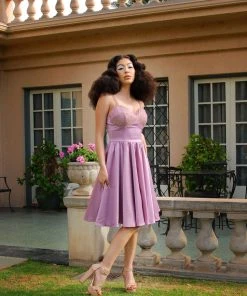 Final Sale - Courtney Vintage Swing Dress In Orchid Stretch Satin | Pinup Couture
