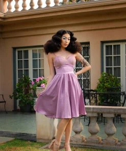 Final Sale - Courtney Vintage Swing Dress In Orchid Stretch Satin | Pinup Couture