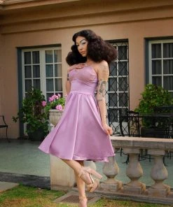 Final Sale - Courtney Vintage Swing Dress In Orchid Stretch Satin | Pinup Couture Shop All In-Stock Items By Size