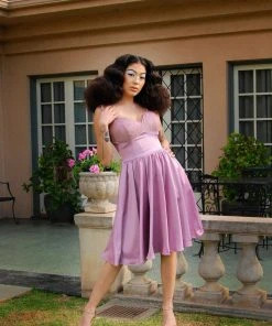 Final Sale - Courtney Vintage Swing Dress In Orchid Stretch Satin | Pinup Couture