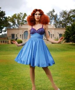 Final Sale - Courtney Vintage Swing Dress In Blue Stretch Satin With Lace Trim | Pinup Couture