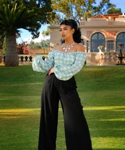 LBHM Final Sale - Sylvie Long Sleeve Peasant Top In Sage Gingham Print | Laura Byrnes & Hope Morrison