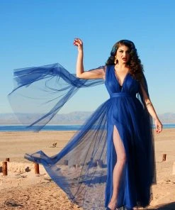 Rubber Ducky Gothic Glamour Bombshell Gown In Blue With Floor Length Sheer Cape Sleeves What's New, Pussycat?
