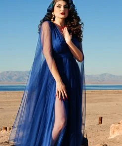 Rubber Ducky Gothic Glamour Bombshell Gown In Blue With Floor Length Sheer Cape Sleeves What's New, Pussycat?