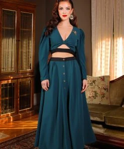 Selene Button Front Midi Skirt In Spruce Green With Black Trim | Laura Byrnes Design What's New, Pussycat?