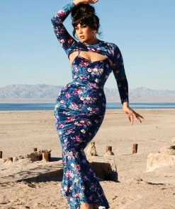 Traci Lords For Couture For Every Body Final Sale - Supreme Maxi Dress In Blue Floral Velvet With Removable Shrug | Traci Lords