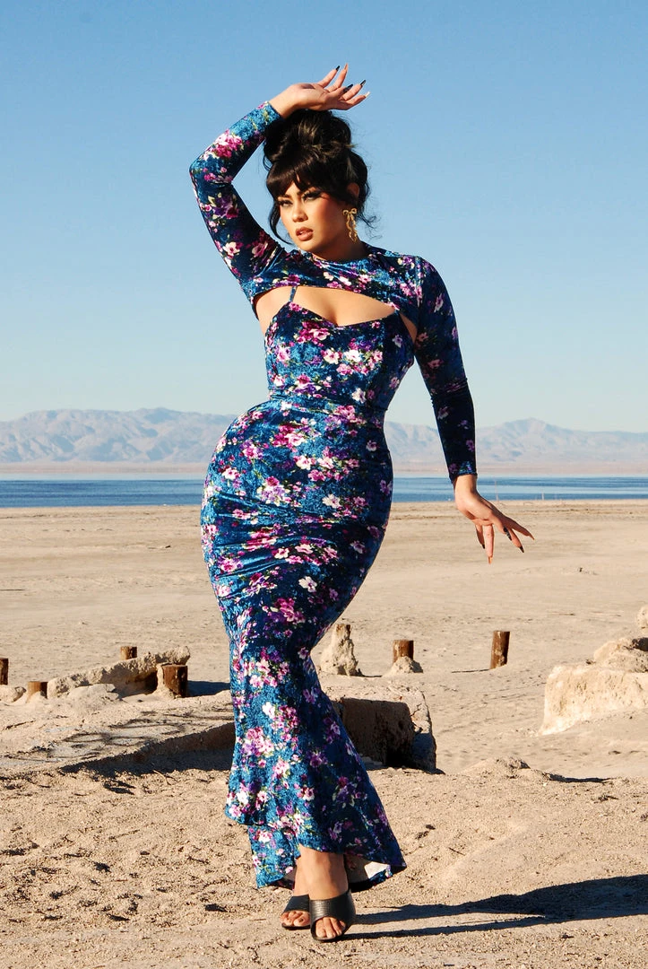 Traci Lords For Couture For Every Body Final Sale - Supreme Maxi Dress In Blue Floral Velvet With Removable Shrug | Traci Lords 3 Traci Lords For Couture For Every Body Final Sale - Supreme Maxi Dress In Blue Floral Velvet With Removable Shrug | Traci Lords