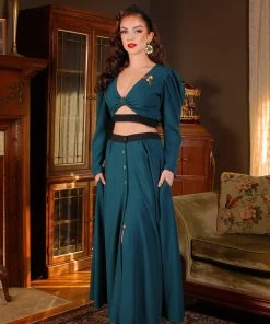 Selene Button Front Midi Skirt In Spruce Green With Black Trim | Laura Byrnes Design What's New, Pussycat?