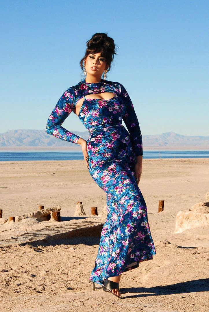 Traci Lords For Couture For Every Body Final Sale - Supreme Maxi Dress In Blue Floral Velvet With Removable Shrug | Traci Lords 4 Traci Lords For Couture For Every Body Final Sale - Supreme Maxi Dress In Blue Floral Velvet With Removable Shrug | Traci Lords
