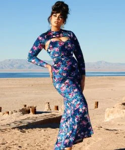 Traci Lords For Couture For Every Body Shop All In-Stock Items By Size Final Sale - Supreme Maxi Dress In Blue Floral Velvet With Removable Shrug | Traci Lords