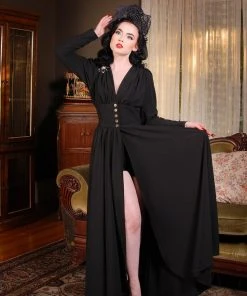 Clarice 40s Coat Dress In Solid Black Poly Crepe | Laura Byrnes Design What's New, Pussycat?