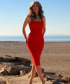 OYS - Jayne Wiggle Dress In Tomato Red Poly Crepe | Pinup Couture - L75 Shop All In-Stock Items By Size