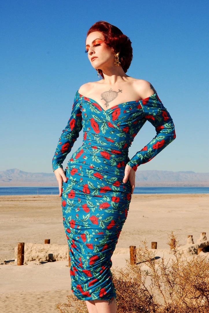 LBHM Shop All In-Stock Items By Size Monica Wiggle Dress In Red & Blue Poppies Print | Laura Byrnes & Hope Morrison 3 LBHM Shop All In-Stock Items By Size Monica Wiggle Dress In Red & Blue Poppies Print | Laura Byrnes & Hope Morrison