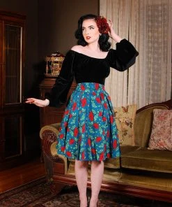 Pinup Girl Clothing Swann Long Sleeve Peasant Top In Black Stretch Velvet | Pinup Couture What's New, Pussycat?