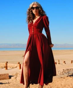 Laura Byrnes Design Clarice 40's Maxi Coat Dress In Solid Cabernet Stretch Crepe | Laura Byrnes