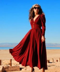 Laura Byrnes Design Clarice 40's Maxi Coat Dress In Solid Cabernet Stretch Crepe | Laura Byrnes