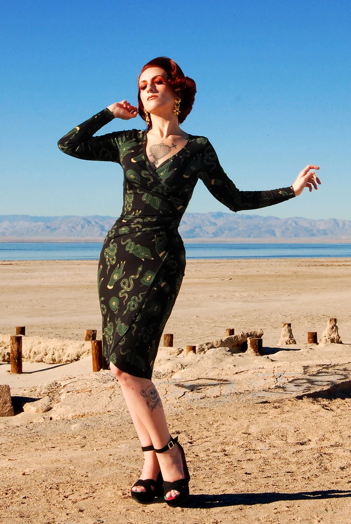 LBHM Greta Long Sleeved Faux Wrap Wiggle Dress In Garden Of Eden Snake | Laura Byrnes & Hope Johnstun What's New, Pussycat? 6 LBHM Greta Long Sleeved Faux Wrap Wiggle Dress In Garden Of Eden Snake | Laura Byrnes & Hope Johnstun What's New, Pussycat?