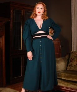 Selene Button Front Midi Skirt In Spruce Green With Black Trim | Laura Byrnes Design What's New, Pussycat?