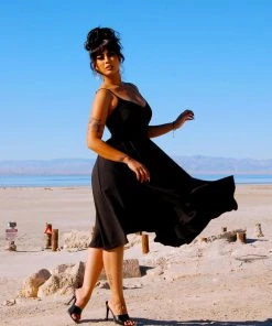 Shop All In-Stock Items By Size Final Sale - Amalie Ballerina Swing Dress In Solid Black Crepe | Pinup Couture