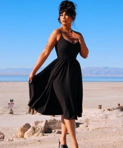 Shop All In-Stock Items By Size Final Sale - Amalie Ballerina Swing Dress In Solid Black Crepe | Pinup Couture