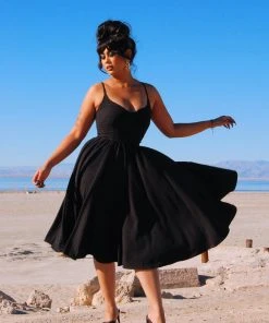 Final Sale - Amalie Ballerina Swing Dress In Solid Black Crepe | Pinup Couture