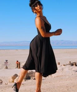 Final Sale - Amalie Ballerina Swing Dress In Solid Black Crepe | Pinup Couture