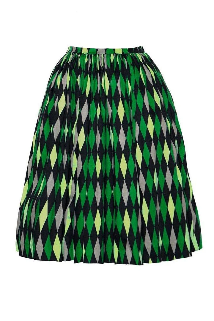 Bella Vintage Gathered Swing Skirt In Green House Harlequin | Pinup Couture 3 Bella Vintage Gathered Swing Skirt In Green House Harlequin | Pinup Couture