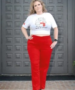 Laura Byrnes Design Shop All In-Stock Items By Size Final Sale - Laura Byrnes California High Waisted Long Trousers In Red Twill