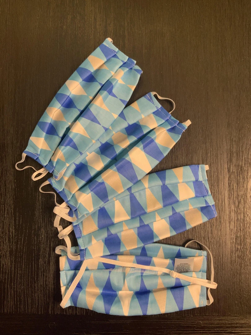 Pinup Girl Clothing What's New, Pussycat? Social Distancing Fabric Face Masks - Set Of 4pcs - Style #5 - Adult - Ice Blue Harlequin Print Cotton Sateen 3 Pinup Girl Clothing What's New, Pussycat? Social Distancing Fabric Face Masks - Set Of 4pcs - Style #5 - Adult - Ice Blue Harlequin Print Cotton Sateen