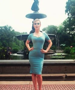 Priscilla 60s Wiggle Dress In Sky Blue Stretch Bengaline | Pinup Couture What's New, Pussycat?