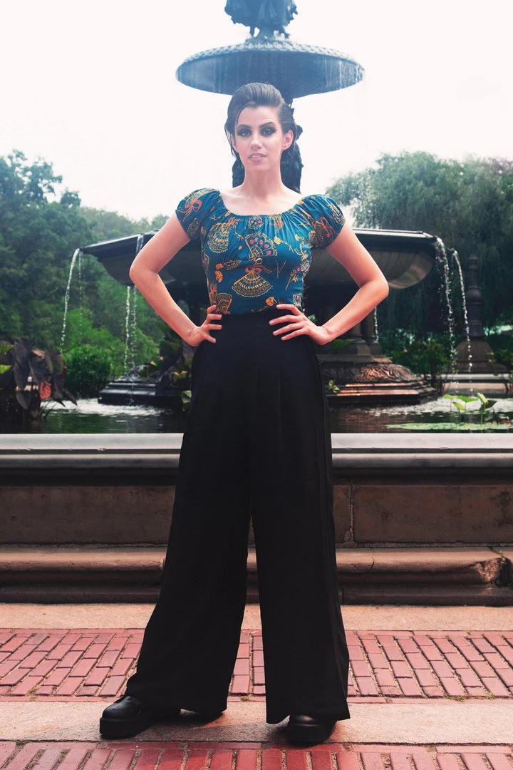 LBHM What's New, Pussycat? Classic Peasant Top In Teal Spanish Fans Cotton Sateen | Laura Byrnes & Hope Johnstun 4 LBHM What's New, Pussycat? Classic Peasant Top In Teal Spanish Fans Cotton Sateen | Laura Byrnes & Hope Johnstun