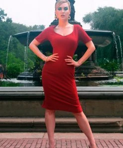 Priscilla 60s Wiggle Dress In Garnet Red Stretch Bengaline | Pinup Couture