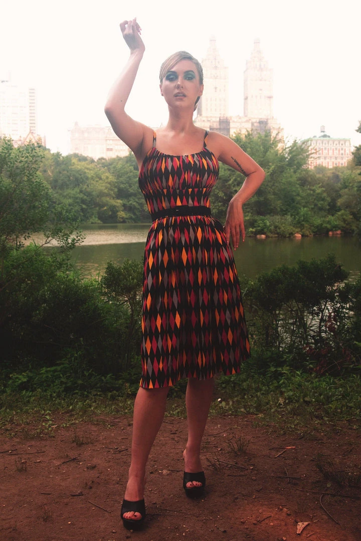 Shop All In-Stock Items By Size Final Sale - Ella Vintage Style Sun Dress In House Harlequin Burgundy & Gold Cotton Sateen | Pinup Couture 4 Shop All In-Stock Items By Size Final Sale - Ella Vintage Style Sun Dress In House Harlequin Burgundy & Gold Cotton Sateen | Pinup Couture