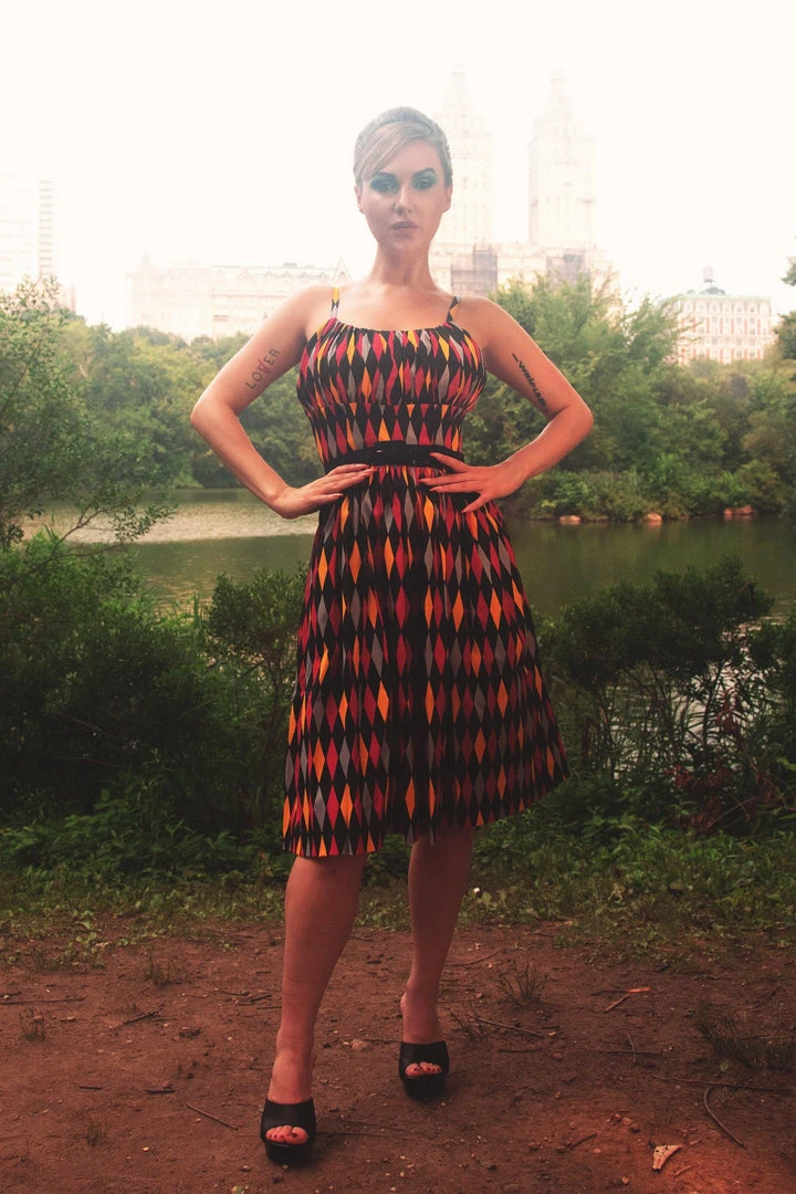 Shop All In-Stock Items By Size Final Sale - Ella Vintage Style Sun Dress In House Harlequin Burgundy & Gold Cotton Sateen | Pinup Couture 3 Shop All In-Stock Items By Size Final Sale - Ella Vintage Style Sun Dress In House Harlequin Burgundy & Gold Cotton Sateen | Pinup Couture