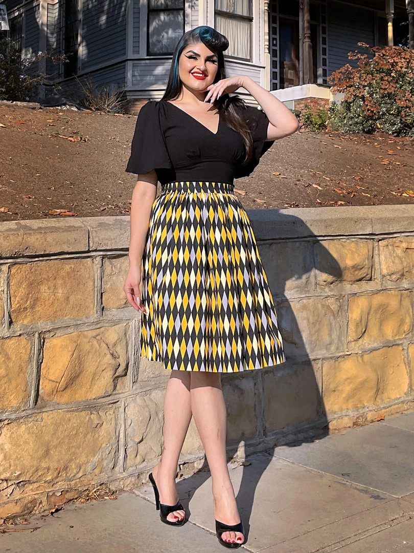 Bella Vintage Gathered Swing Skirt In Yellow House Harlequin | Pinup Couture What's New, Pussycat? 4 Bella Vintage Gathered Swing Skirt In Yellow House Harlequin | Pinup Couture What's New, Pussycat?