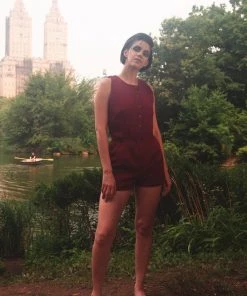 Edie Playsuit In Burgundy Stretch Gabardine | Laura Byrnes Design