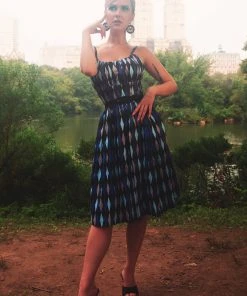 Final Sale - Ella Vintage Style Sun Dress In House Harlequin Blue Cotton Sateen | Pinup Couture Shop All In-Stock Items By Size