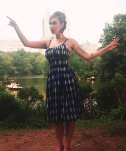 Final Sale - Ella Vintage Style Sun Dress In House Harlequin Blue Cotton Sateen | Pinup Couture Shop All In-Stock Items By Size