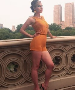 Edie Playsuit In Mustard Stretch Gabardine | Laura Byrnes Design What's New, Pussycat?