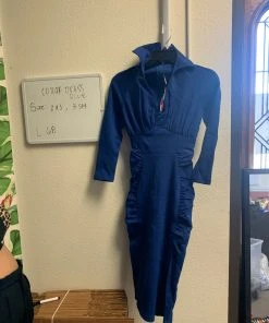 Pinup Girl Clothing Shop All In-Stock Items By Size OYS - Blue Ponte Collared Wiggle Dress - L68