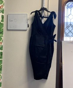 Pinup Girl Clothing Shop All In-Stock Items By Size OYS - Tie Shoulder Sarong Wiggle Dress In Black - L80