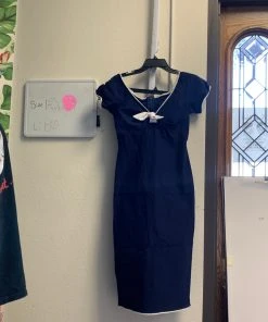 Pinup Girl Clothing OYS - Natalie Wiggle Dress In Navy With White Trim - L80 Shop All In-Stock Items By Size