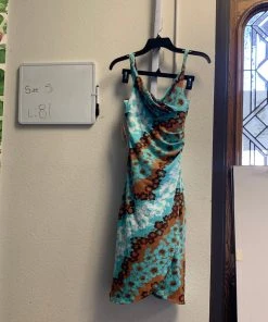 Pinup Girl Clothing OYS - Brown And Turquoise Faux Wrap Hawaiian Print Dress - L81 Shop All In-Stock Items By Size