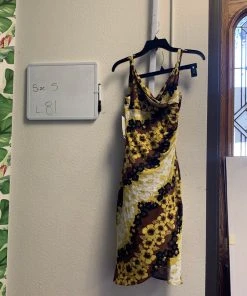 Pinup Girl Clothing Shop All In-Stock Items By Size OYS - Brown And Yellow Faux Wrap Hawaiian Print Dress - L81