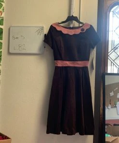 Pinup Girl Clothing Shop All In-Stock Items By Size OYS - Swing Dress In Brown Velvet With Pink Trim - L82