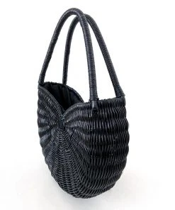 Everina Carmella Natural Rattan Bag In Solid Black